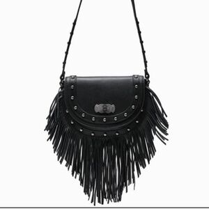 Black fringe leather crossbody bag - new